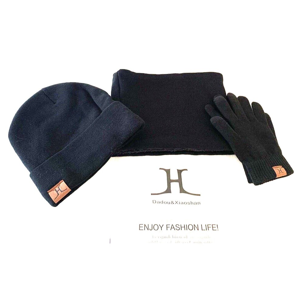 3 Pcs Dadou & Xiaoshan Knit Black Hat, Gloves, & Scarf Set Unisex NEW! Cabincore